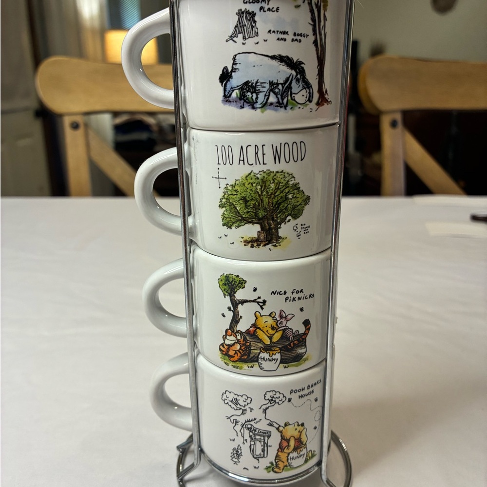 Disney Winnie the Pooh 100 Acre Wood Stacking Mugs Set of 4 with Metal Rack
